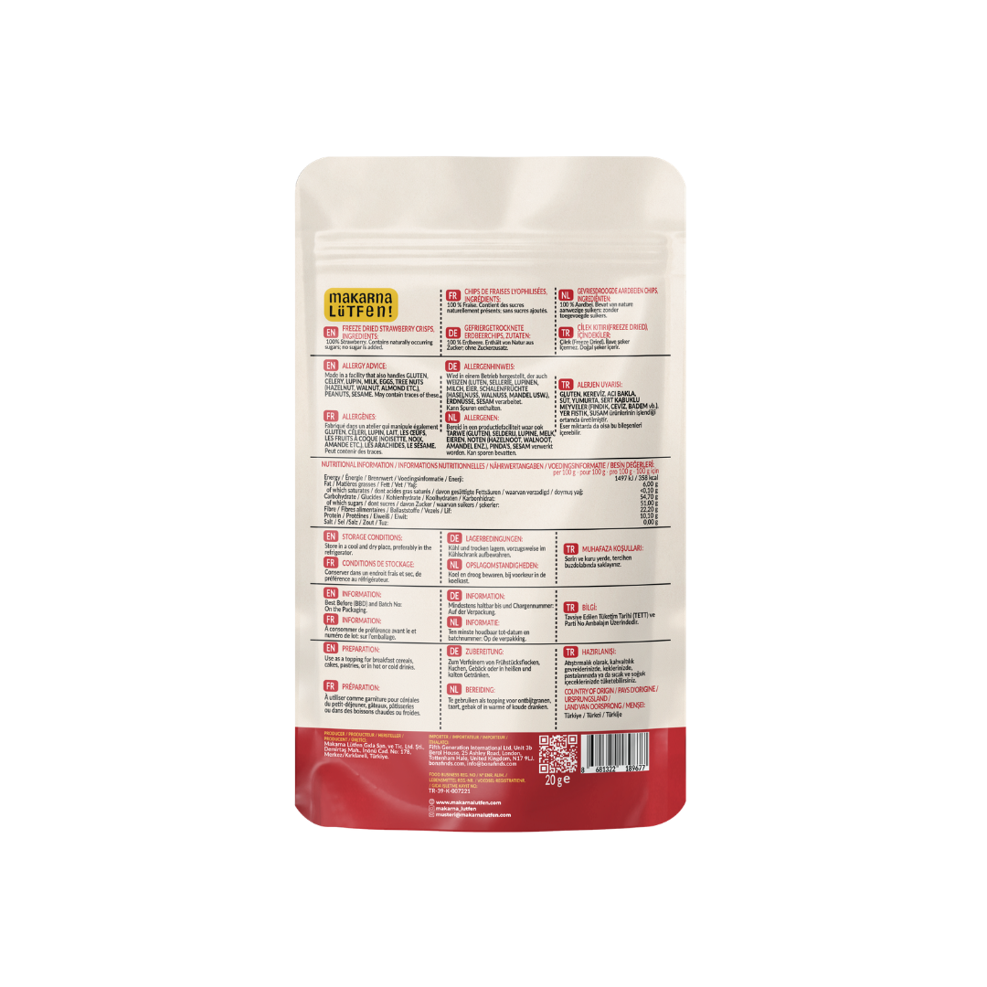 Freeze-Dried Strawberry Crisps - 20 g | 100% strawberry, crisp and light | For cereal, yoghurt, baking and drinks | 20 g from 200 g fresh fruit, no added sugar