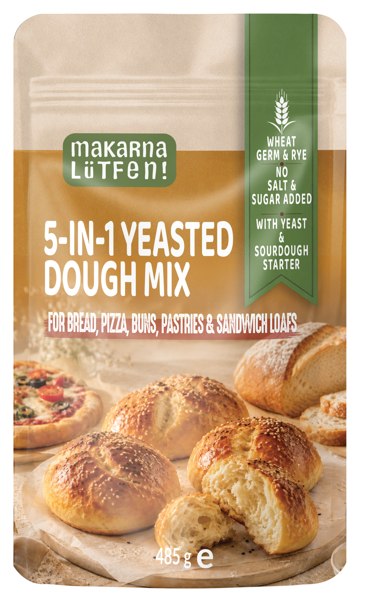 5-in-1 Yeasted Dough Mix - 485 g | For bread, pizza, poğaça, loaf and sweet buns | Sourdough starter and dry yeast included | Rye, einkorn and wheat germ