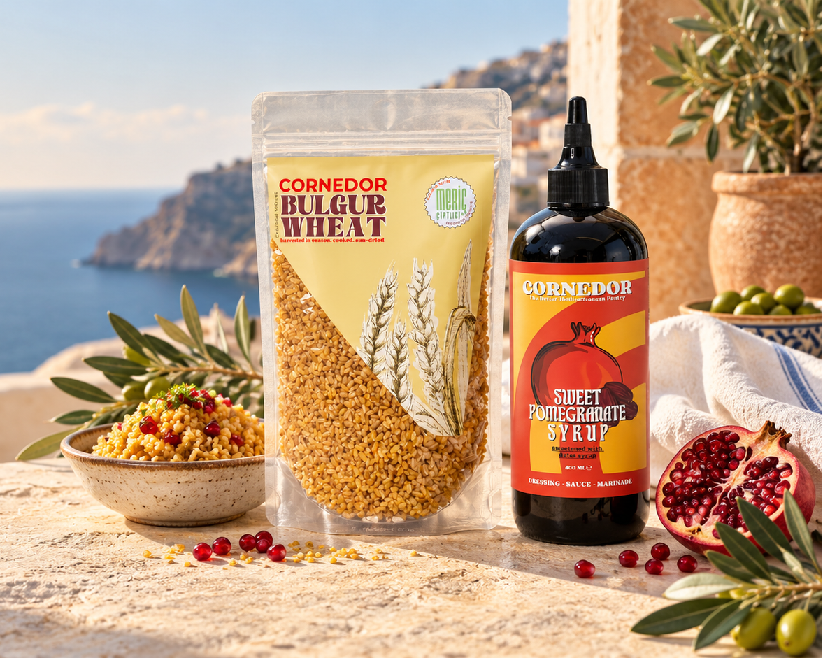 Cornedor bulgur and pomegranate syrup on a Mediterranean table