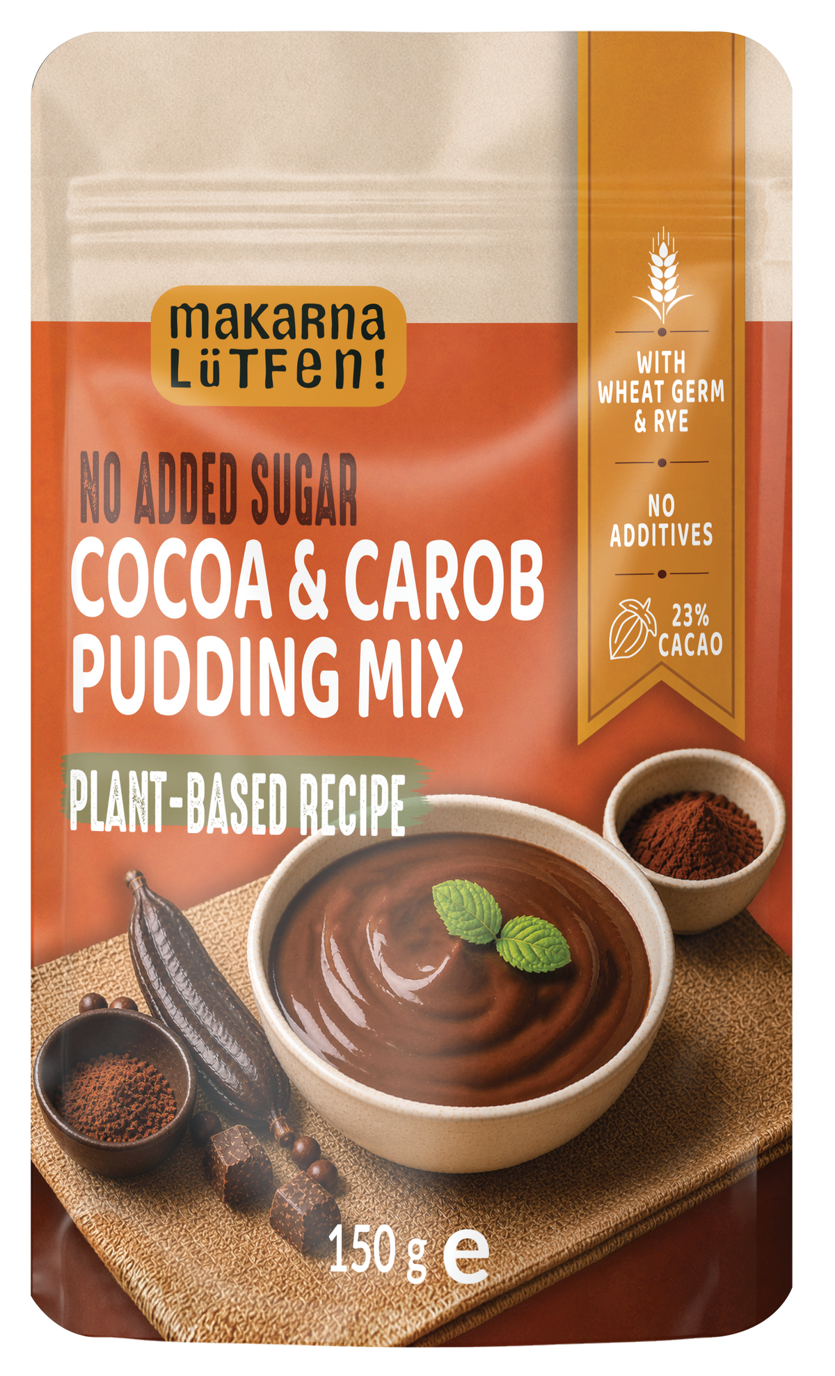 Cocoa and Carob Pudding Mix - 150 g | 23% cocoa rounded with carob | Makes 1 litre, about 8 dessert portions | No added sugar, 13.3 g fibre/100 g