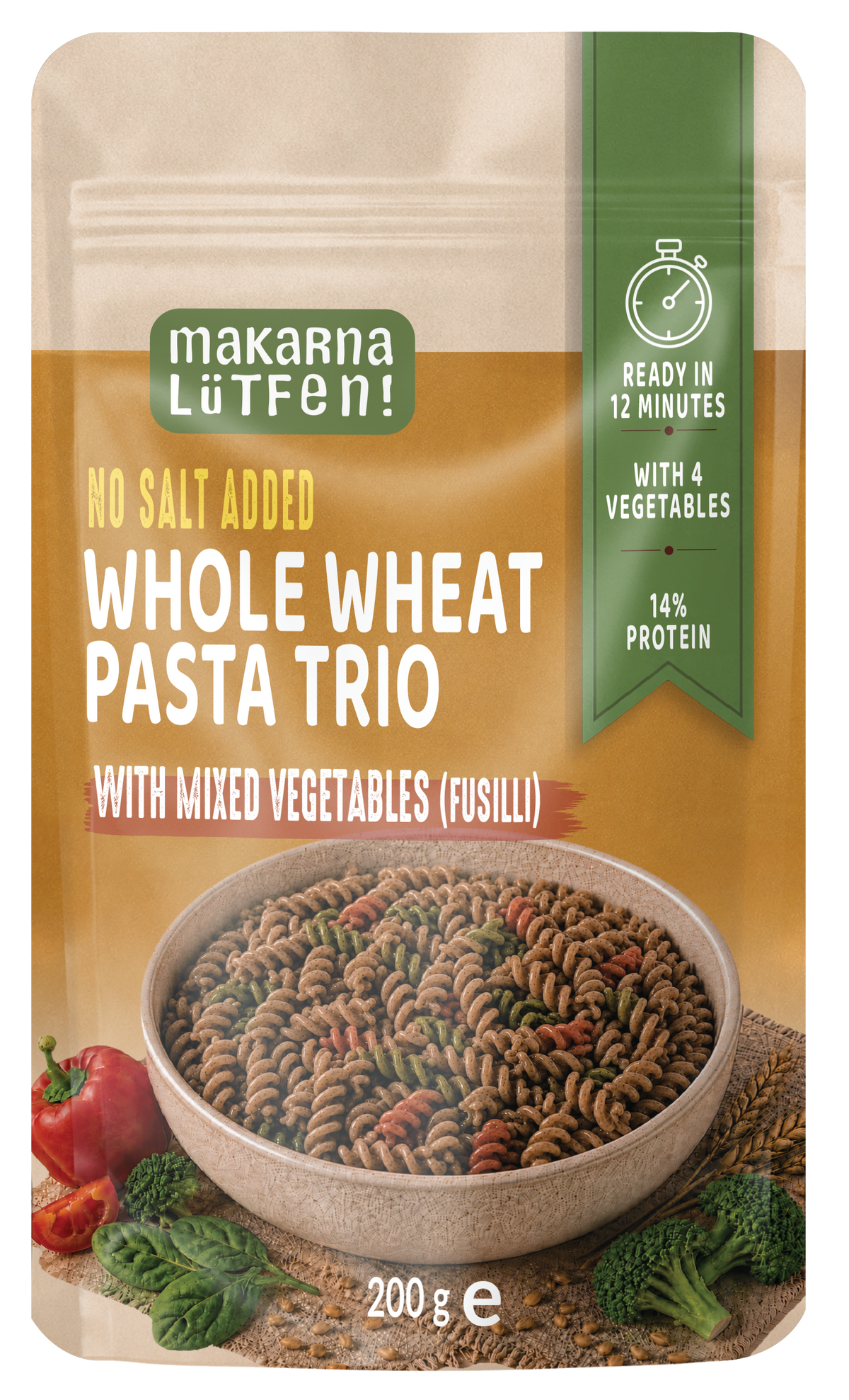 Vegetable Fusilli Trio - 200 g | 35% celery, spinach-broccoli and red pepper in durum semolina | Cooks in 9-12 minutes, about 4 servings | No salt or sugar added
