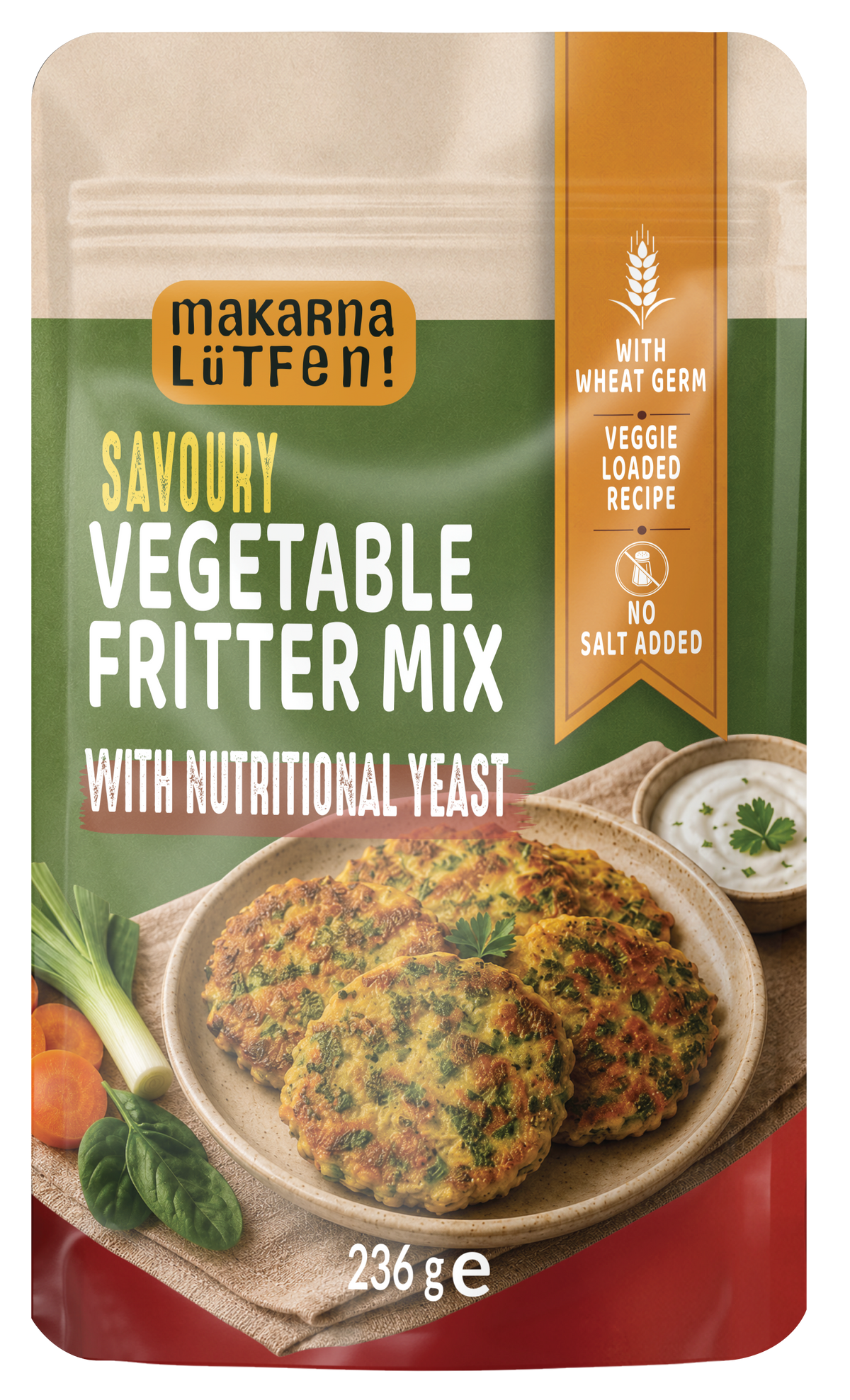 Savoury Vegetable Fritter Mix with Nutritional Yeast – Turkish Mucver Mix with 6% Real Vegetables & 8% Wheat Germ, No Added Salt, 236 g