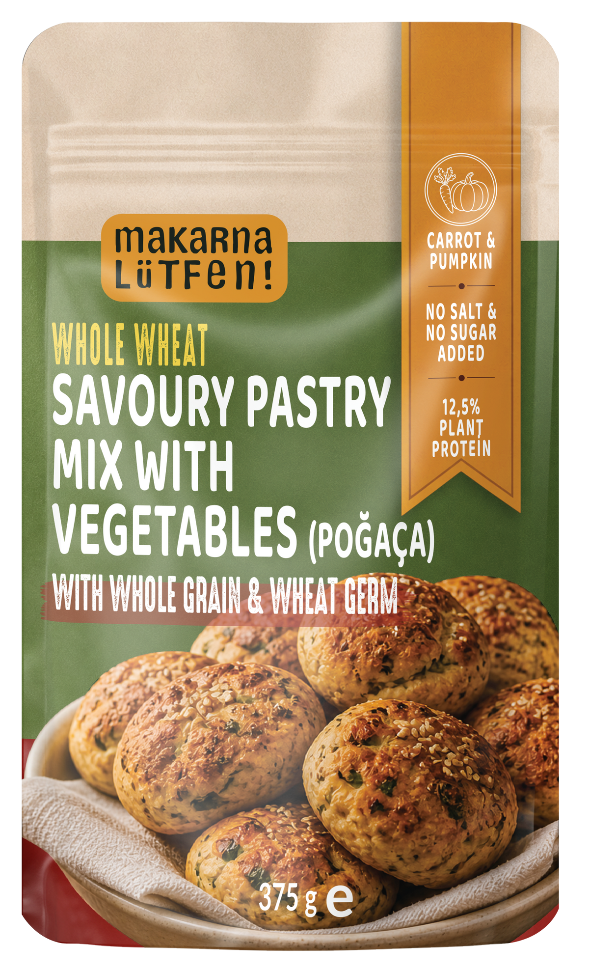 Whole Wheat Poğaça Mix with Vegetables - 375 g | Turkish savoury buns with einkorn and mahleb | Add yoghurt, oil and an egg, bake at 170 °C | Carrot, pumpkin, broccoli